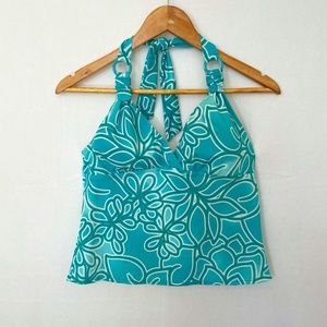 BEACH BAY Women's Size 14 Tankini V-neck Halter Neck Tie Turquoise White Floral